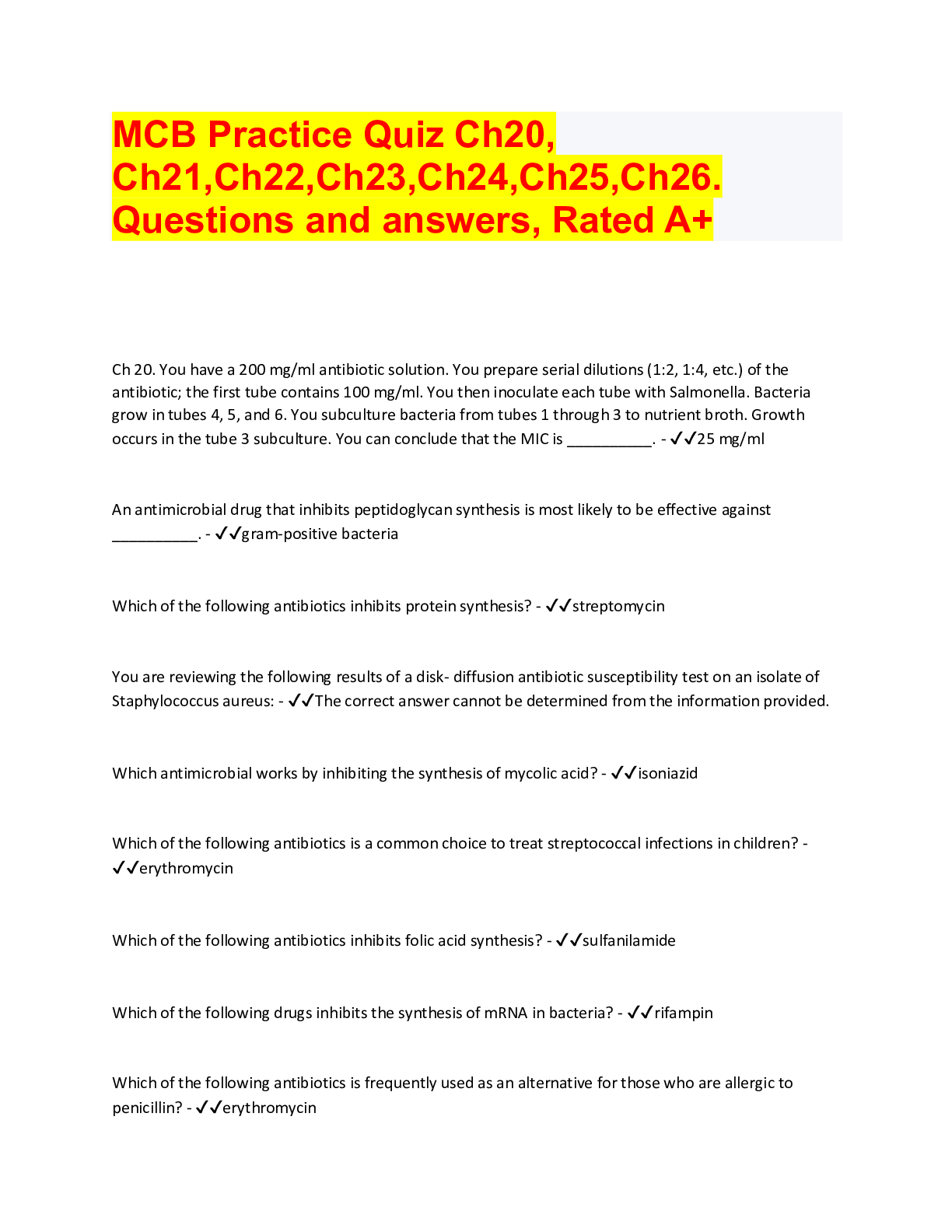 Preview of MCB Practice Quiz Ch20, Ch21,Ch22,Ch23,Ch24,Ch25,Ch26. Questions and answers, Rated A+